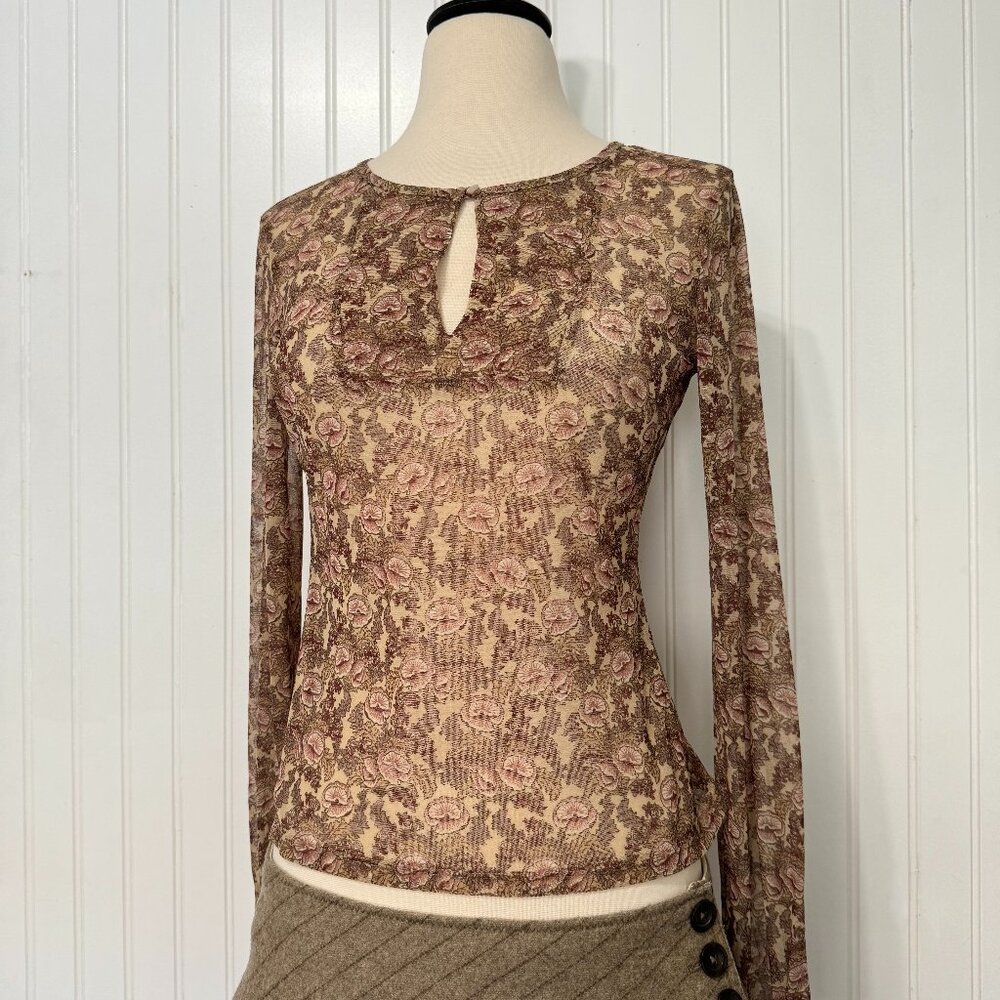 Y2K New York and Company Mesh Long Sleeve Top Floral Print